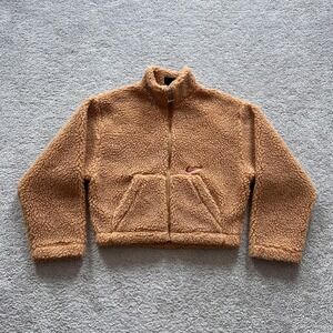 Nike Sportswear Swoosh Faux Fur Sherpa Fleece Jacket Womens M Brown Full Zip